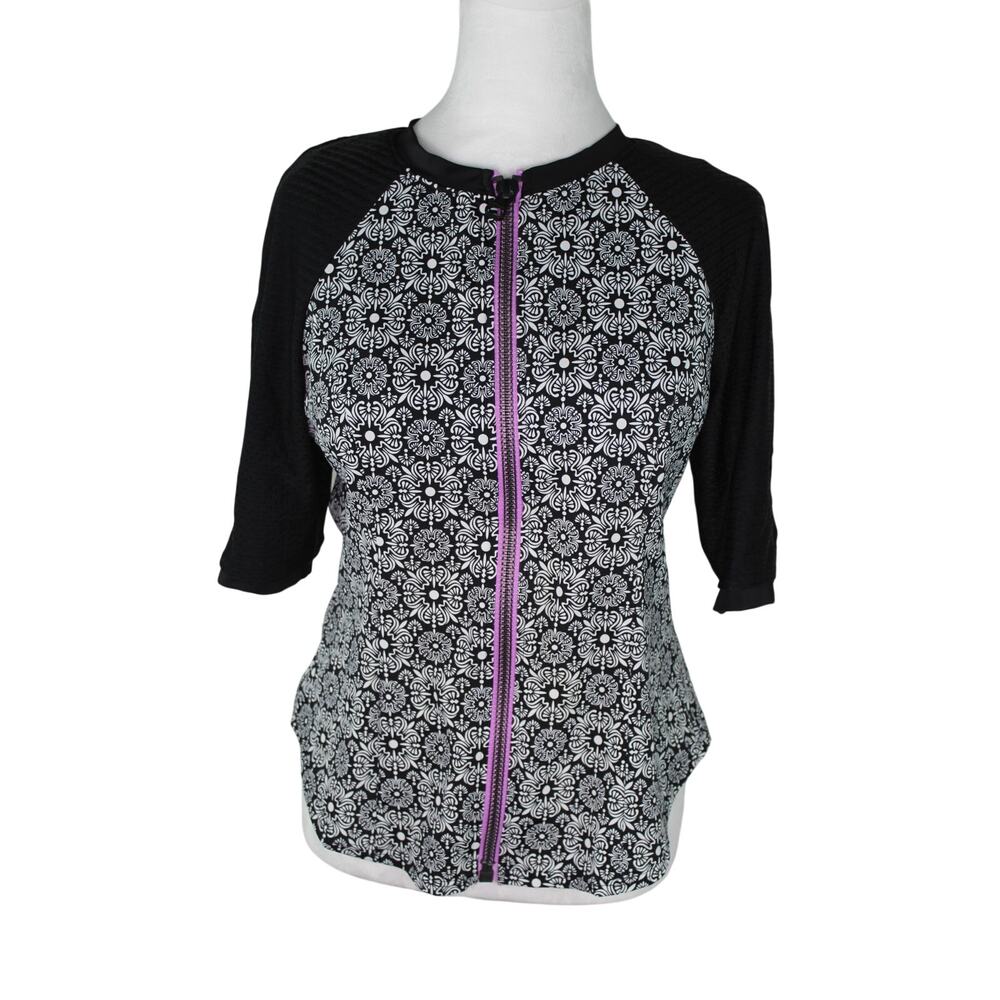 fit 4u Fit 4 All Swim Top Separates Black White Floral Full Zip Half Sleeve 12